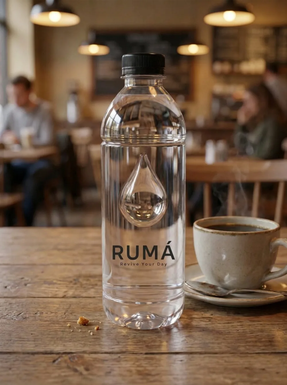 RUMÁ bottle on a café table beside a coffee