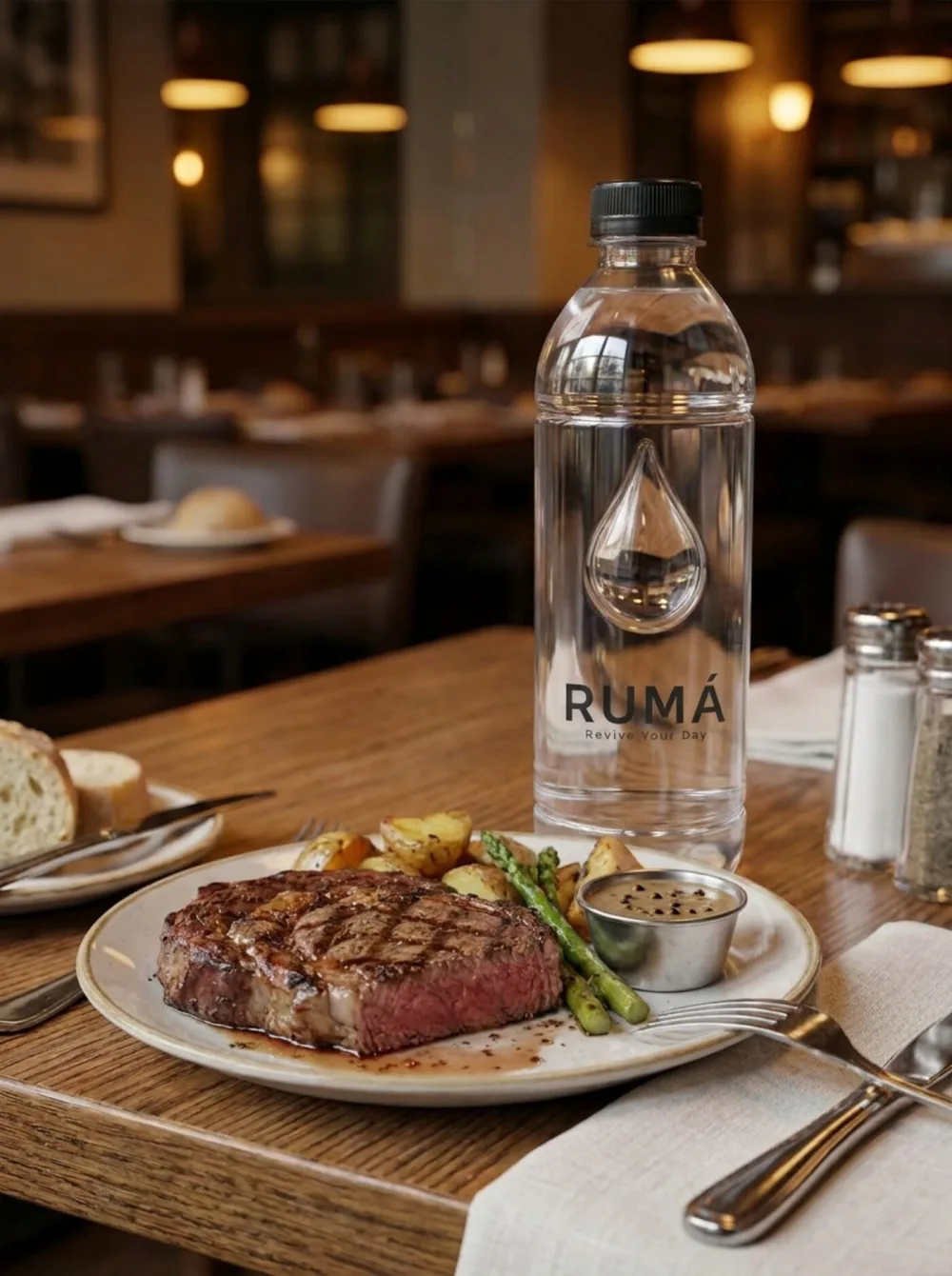 RUMÁ bottle beside a steak dinner